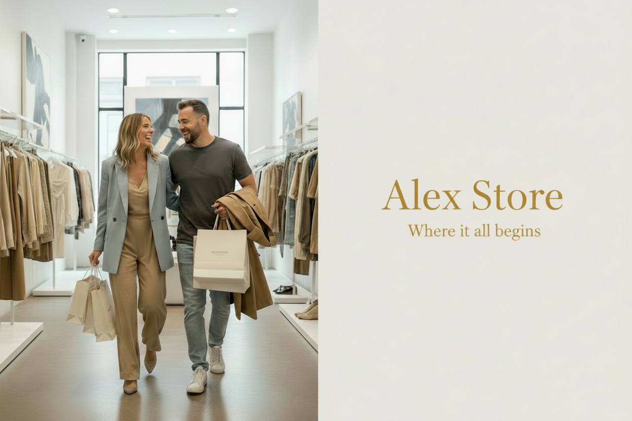 ik had graag een afbeelding gekregen die tweedelig is, de ene kant een afbeelding waarbij je een man en een vrouw ziet die aan het shoppen zijn en gelukkig zijn en aan de andere kant de naam van mijn store: Alex Store 